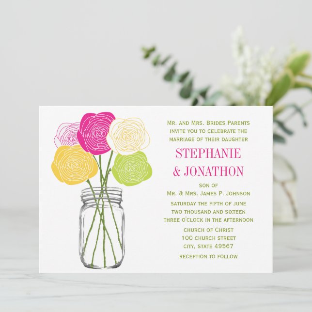 Invitación Fallo Cortar Ranunculus Rosa Lime Amarillo Rosa Ma (Anverso de pie)