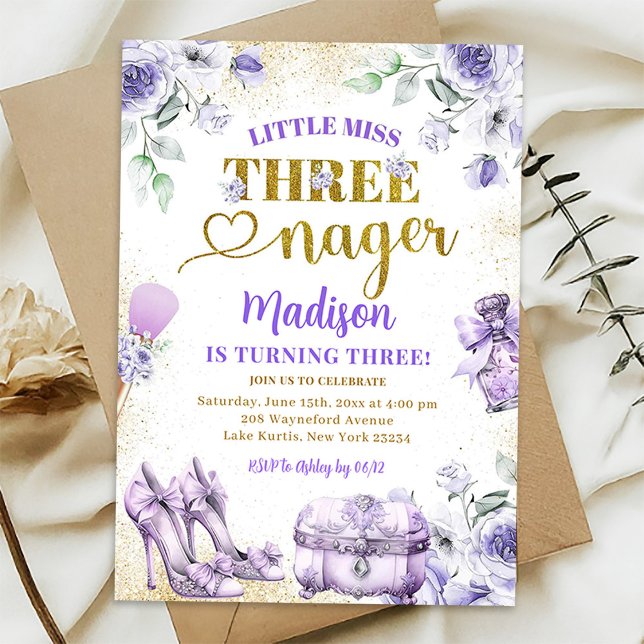 Invitación Fallo de Oro Púrpura Miss Threenager Tercer Cumple (Subido por el creador)
