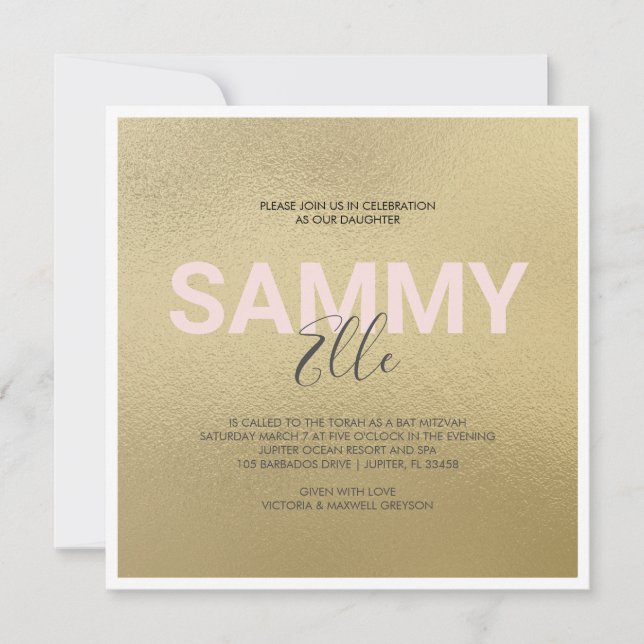 Invitación Falsa Bat Mitzvah de Oro xoxo (Anverso)
