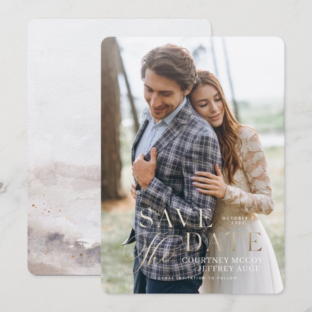 Invitación Falsa boda de otoño de Relieve metalizado dorado G (Anverso / Reverso)