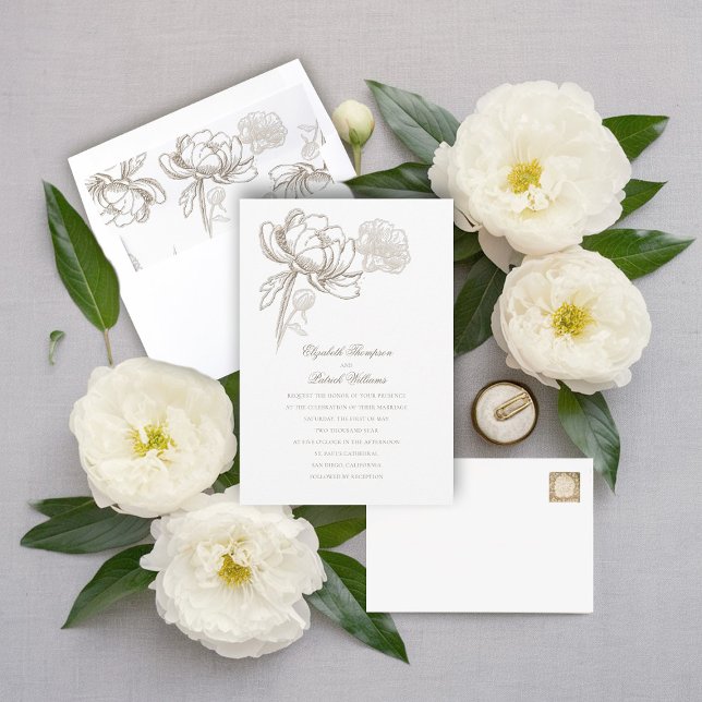Invitación Falsa Grabado en relieve Peonies Boda formal elega (faux embossed peony wedding invitation formal traditional gold hue calligraphy modern classic)