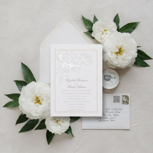 Invitación Falsa Grabado en relieve Peonies Marfil Elegante B