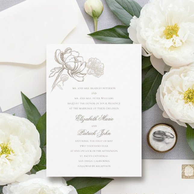 Invitación Falsa Grabado en relieve Peonies Padres formales B (peony wedding invitation formal traditional elegant calligraphy modern classic parents host)