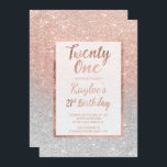 Invitación Falsa rosa de oro falso purpurina moda de plata 21<br><div class="desc">Una moderna moda de bonito y elegante ducha de purpurina rosa dorado oscuro con un bloque de color plata purpurina invitación para fiestas de 20 años con un patrón de color negro rosa que se desvanece en un fondo purpurina plateado con un elegante marco dorado Perfecto para una princesa de...</div>