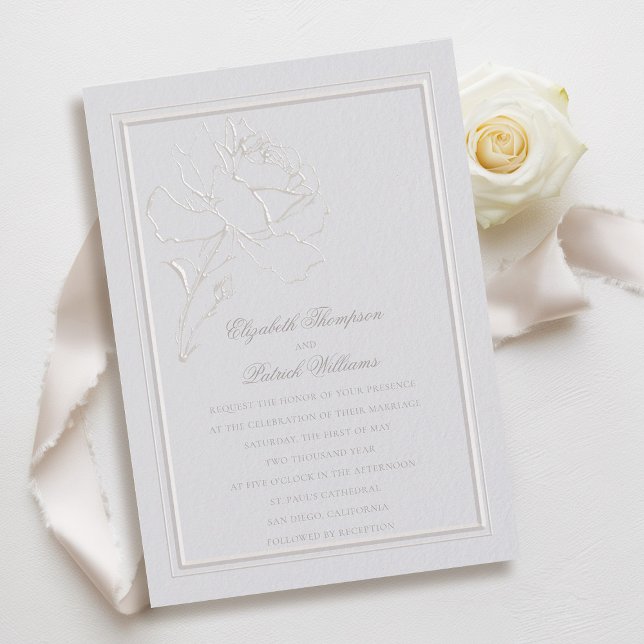 Invitación Falsa Rosa Grabado en relieve Frame Boda formal de (faux embossed rose double frame wedding invitation modern classic traditional formal ivory)