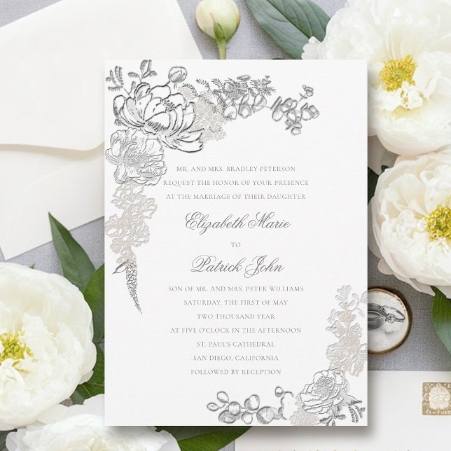 Invitación Falsas personalidades Grabado en relieve enmarcan  (peony wedding invitation floral frame formal traditional elegant calligraphy modern classic parents)