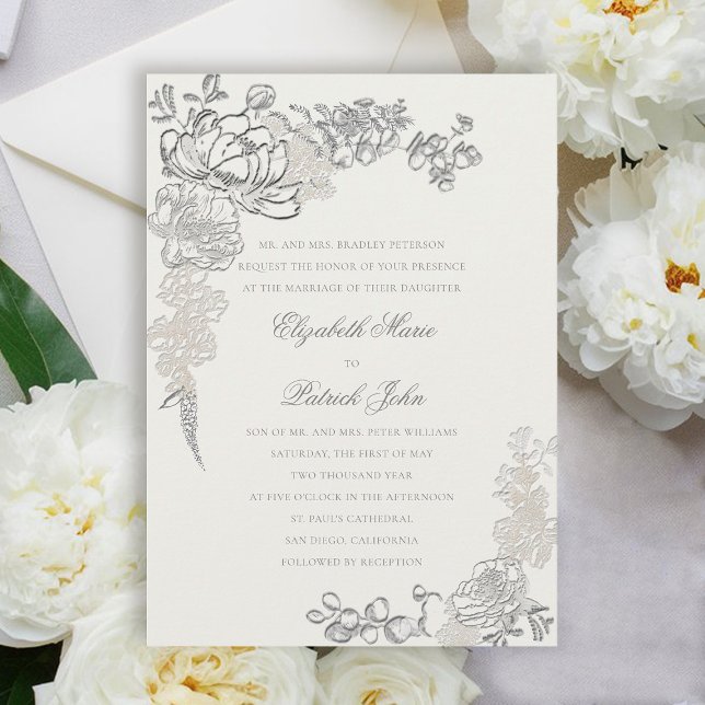 Invitación Falsas personalidades Grabado en relieve enmarcan  (peony wedding invitation floral frame formal traditional elegant calligraphy modern classic pearl)