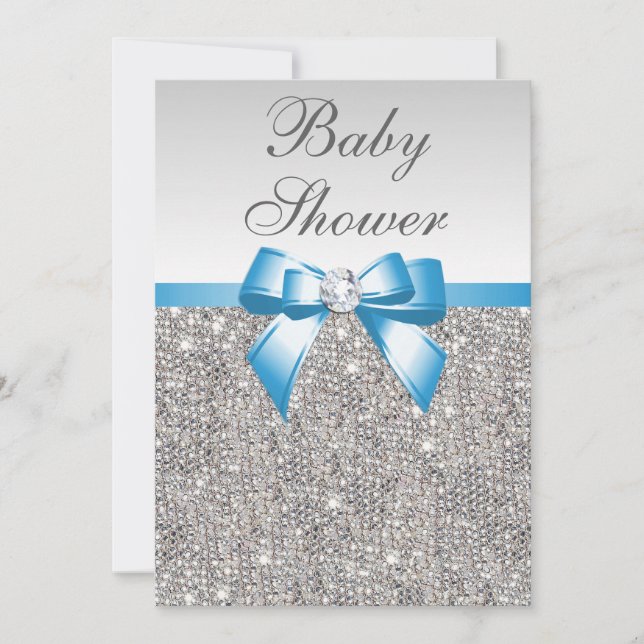 Invitación Falso azul de plata Baby Shower de las lentejuelas (Anverso)