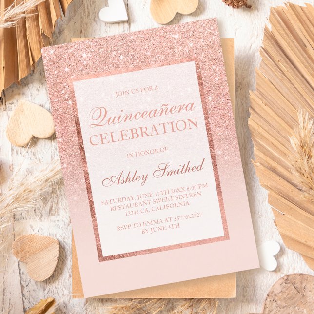 Invitación Falso brillo de oro rosa elegante y chic Quinceañe (Subido por el creador)