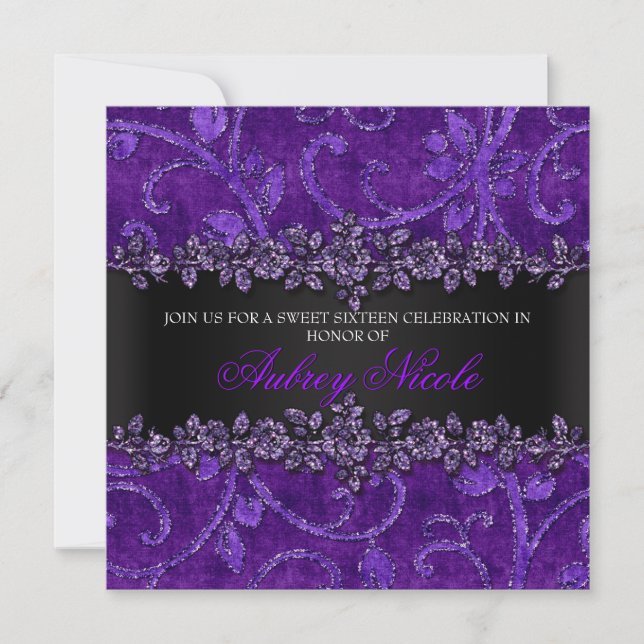 Invitación Falso dulce floral púrpura dieciséis del purpurina (Anverso)