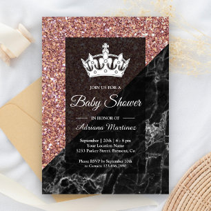 Invitación Falso Glitter Rosa Dorado Mármol Negro Baby Shower