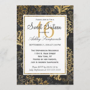 Invitación Falso oro ostentoso elegante, negro, y floral gris