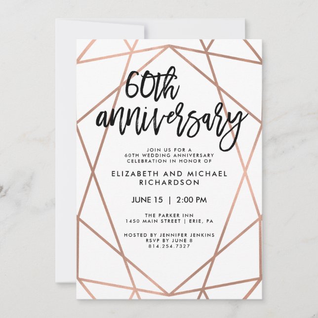 Invitación Falso Oro Rosa Geométrico 60 Aniversario de Boda (Anverso)