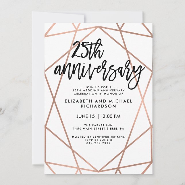 Invitación Falso Oro Rosa Geométrico Aniversario de Bodas núm (Anverso)