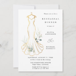 Invitación Falso oro y vestido de ensayo de boda con vegetaci