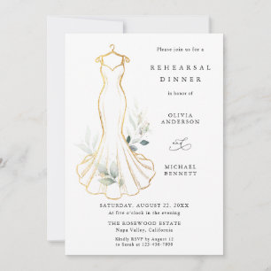 Invitación Falso oro y vestido de ensayo de boda con vegetaci