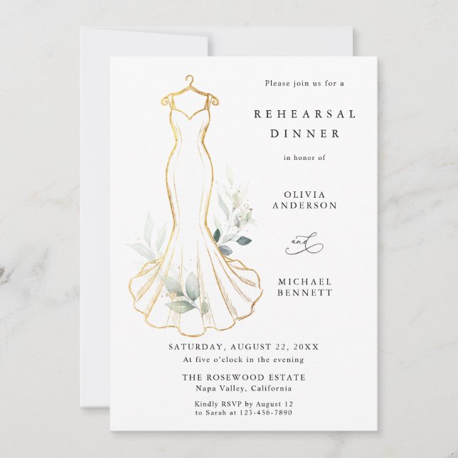 Invitación Falso oro y vestido de ensayo de boda con vegetaci (Anverso)