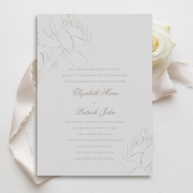 Invitación Falsos Grabados en relieve Rosas Boda de Padres Fo (faux embossed roses wedding invitation modern classic traditional formal ivory champagne parents)