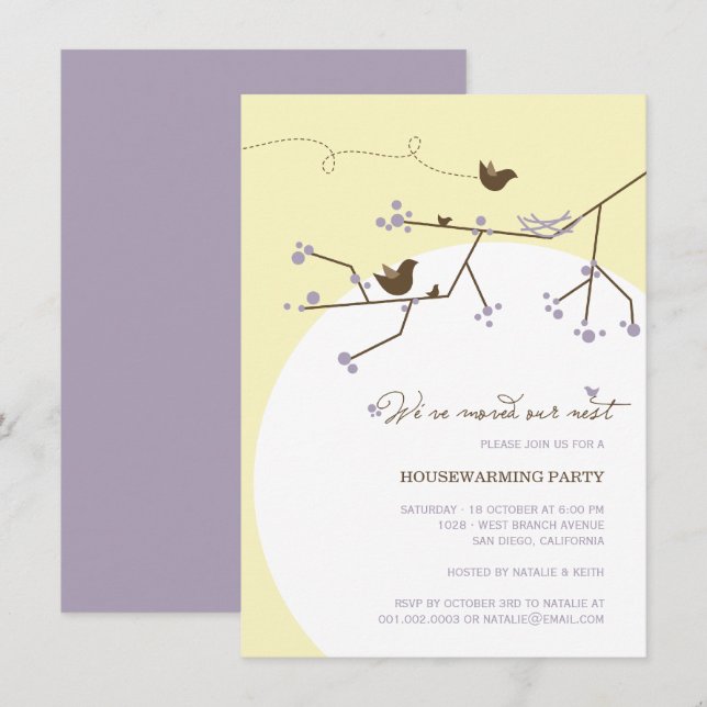 Invitación Familia Ave Hemos Mudado Fiesta de Calentamiento d (Anverso / Reverso)