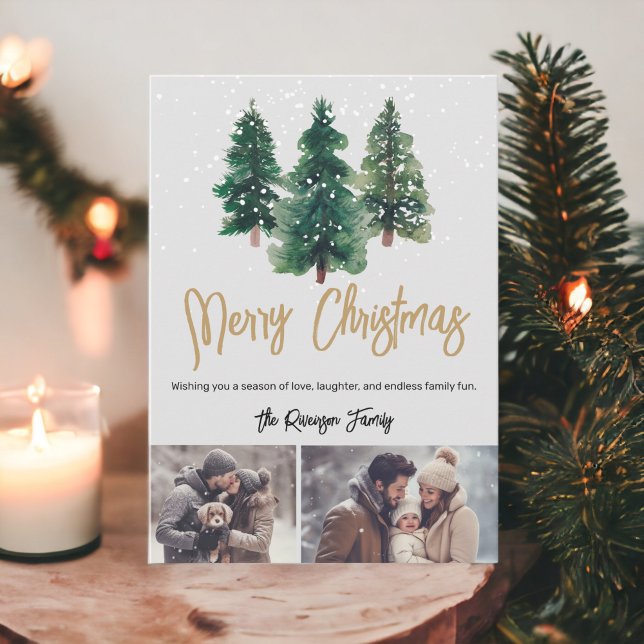 Invitación Familia de árboles de navidad elegante de nieve 2  (Snow elegant christmas trees family 2 photos Invitation)