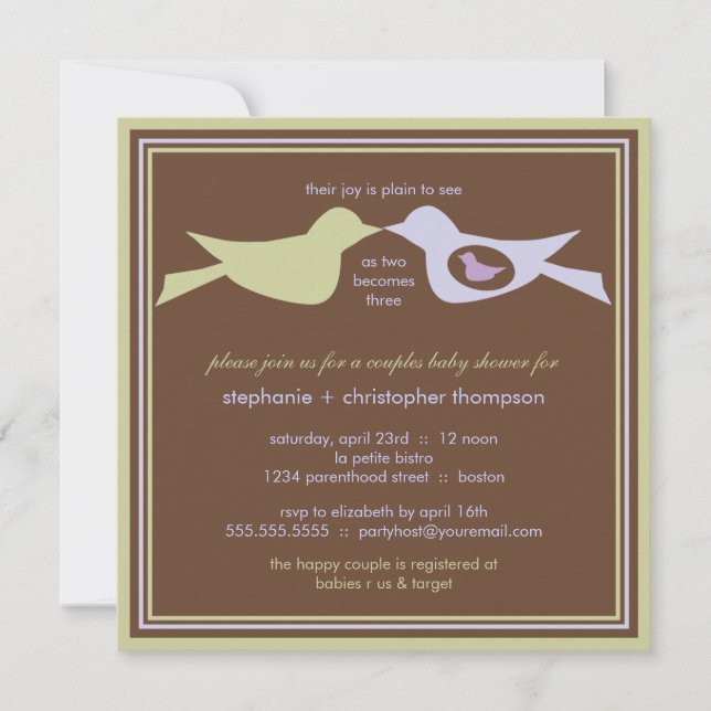 Invitación Familia de aves: Baby Shower Lilac y Sage (Anverso)