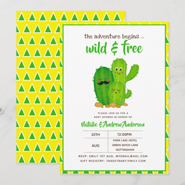 Invitación Familia de Cactus salvaje y libre verde amarillo m (Anverso / Reverso)