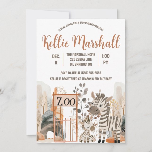 Invitación Familia de Cebras de Acuarela, Zoológico, Baby Sho (Anverso)
