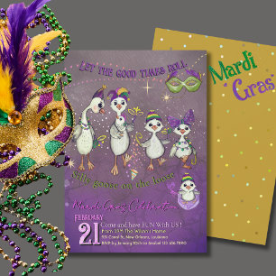 Invitación Familia de ganso caprichosa Mardi Gras púrpura ama