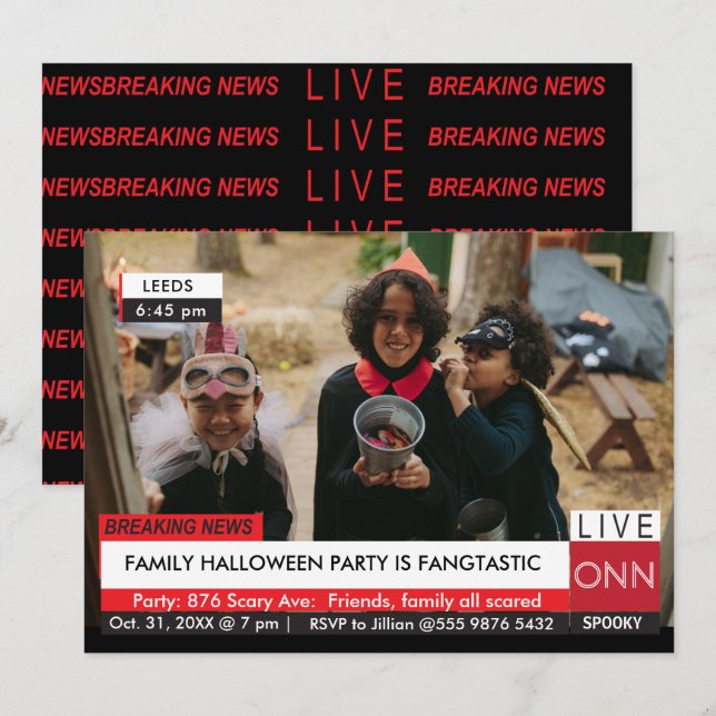 Invitación Familia de Halloween: Noticias de TV fabulosas (Anverso / Reverso)