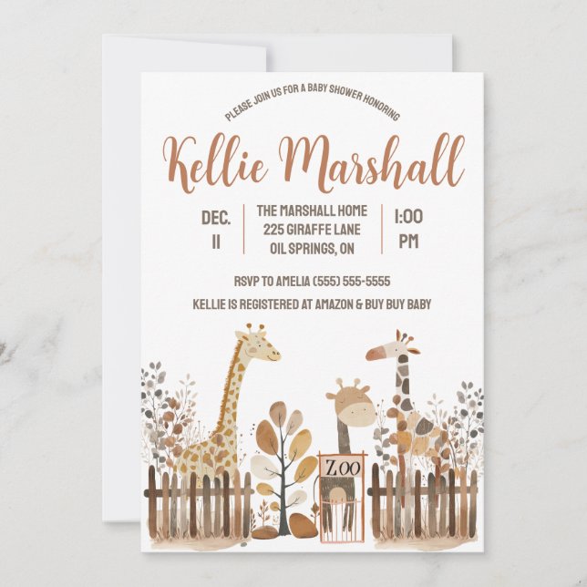Invitación Familia de jirafa acuarela, zoológico, Baby Shower (Anverso)