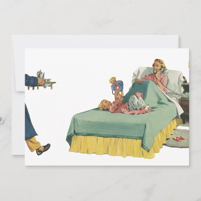 Invitación Familia de la época sirviendo el desayuno de mamá  (Anverso)