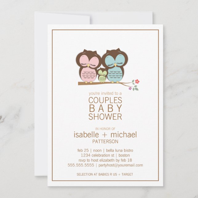 Invitación Familia De Lechuza Cuta Parejas Baby Shower Neutra (Anverso)