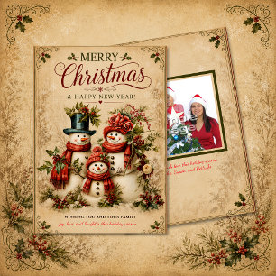 Invitación Familia de muñeco de nieve rústico Foto de Navidad