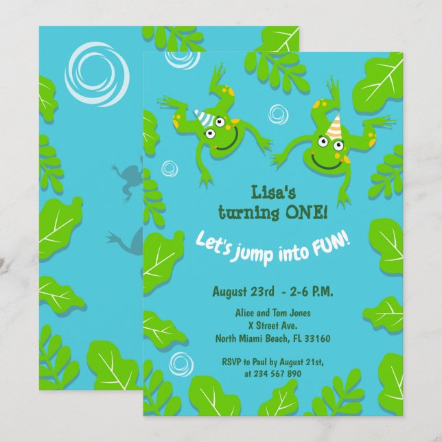 Invitación Familia de ranas de primer cumpleaños en un estanq (Anverso / Reverso)
