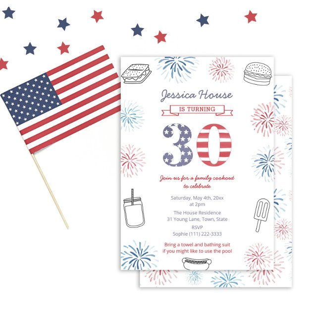 Invitación Familia del patio trasero azul rojo 30 Fiesta de c (Red White And Blue Fireworks Invitation Design For A Patriotic 30th Birthday Party)
