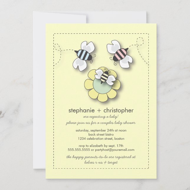 Invitación Familia Feliz de Abejas Parejas Neutrales Baby Sho (Anverso)