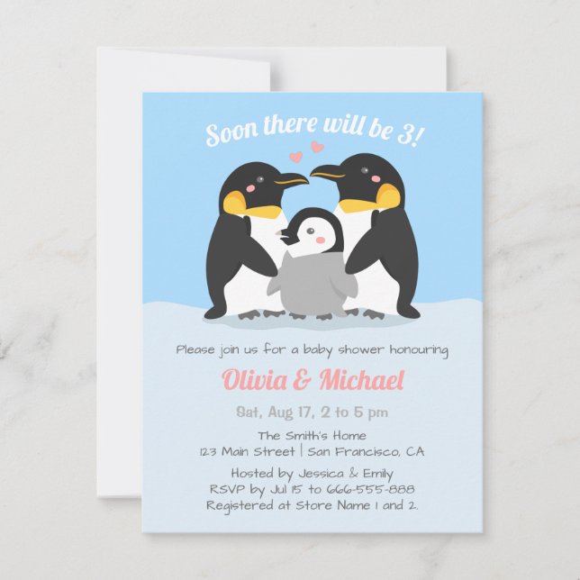 Invitación Familia Pingüino De Invierno De Tres Baby Shower (Anverso)