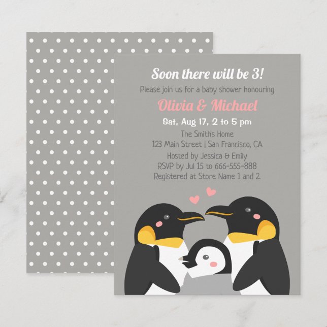 Invitación Familia Pingüino De Tres Gris Baby Shower (Anverso / Reverso)