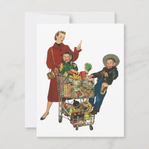 Invitación Familia Retro, Mamá y Niños Carrito de Compras de 
