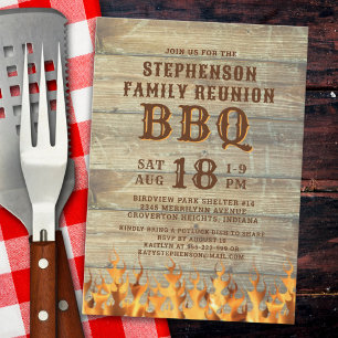 Invitación Familia Reunión BBQ Rústica Flames de madera