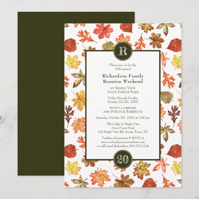 Invitación Familia Reunion potluck BBQ otoño hojas monograma (Anverso / Reverso)