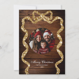 Invitación Familia Rusd Wood Gold Foto Feliz Navidad