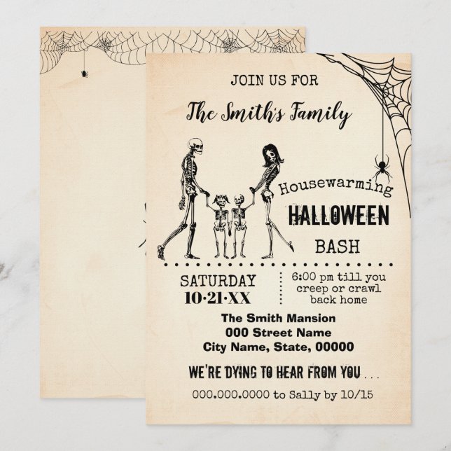 Invitación Familia Skeleton Calentamiento de la fiesta de Hal (Anverso / Reverso)