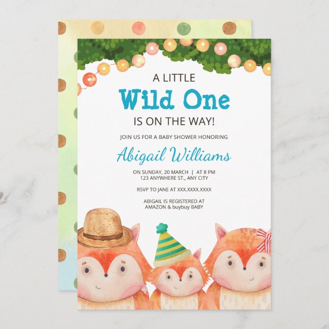 Invitación Familia Woodland Fox Baby Shower Wild One (Anverso / Reverso)