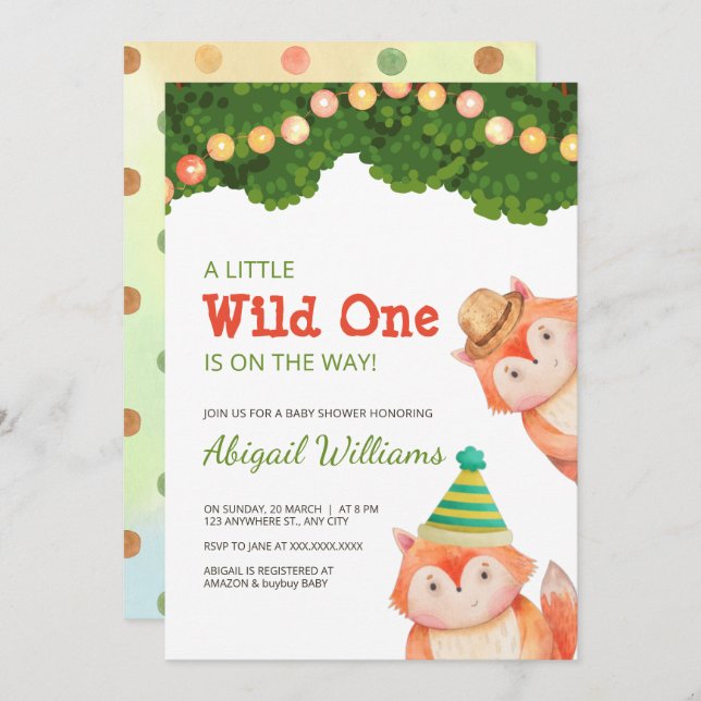 Invitación Familia Woodland Fox Baby Shower Wild One (Anverso / Reverso)