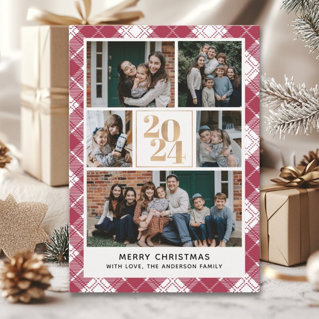 Invitación Family Christmas card with 5 Photos Tartan Plaid (Subido por el creador)