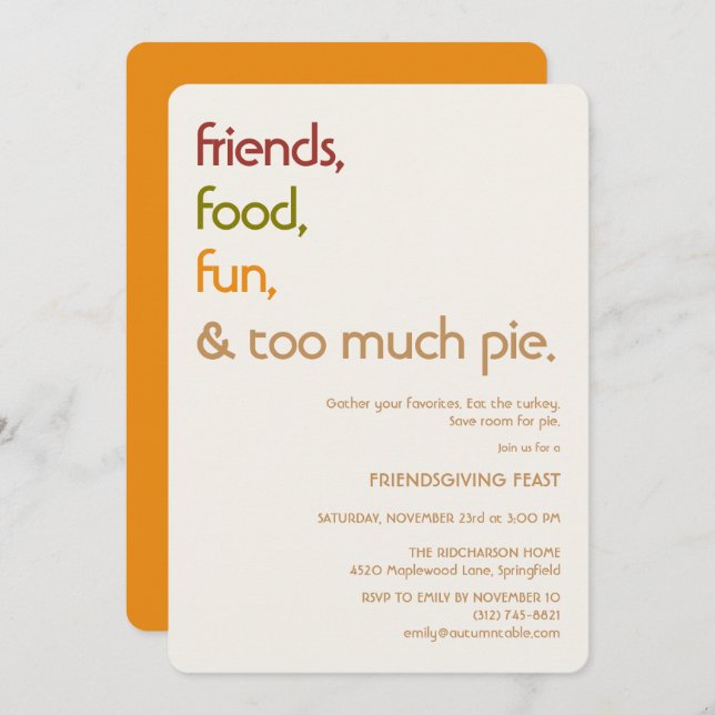 Invitación Family, Friends, Turkey, Pie Modern friendsgiving (Anverso / Reverso)