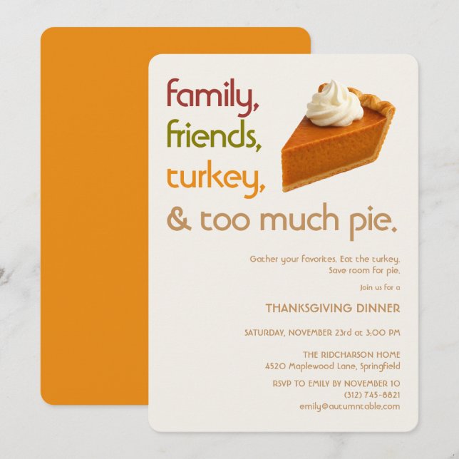 Invitación Family, Friends, Turkey, Pie Modern Thanksgiving (Anverso / Reverso)