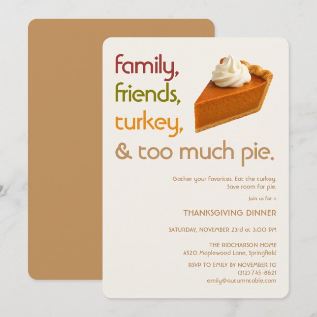 Invitación Family, Friends, Turkey, Pie Modern Thanksgiving (Anverso / Reverso)