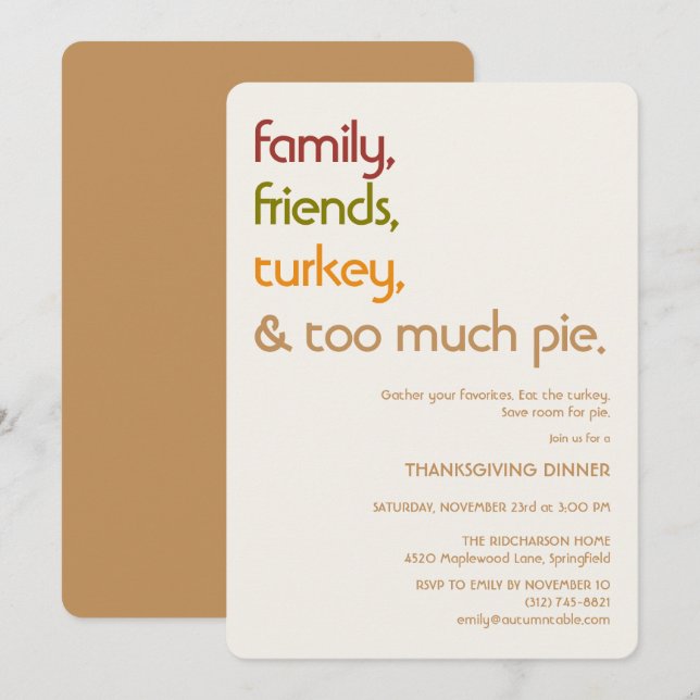 Invitación Family, Friends, Turkey, Pie Modern Thanksgiving (Anverso / Reverso)